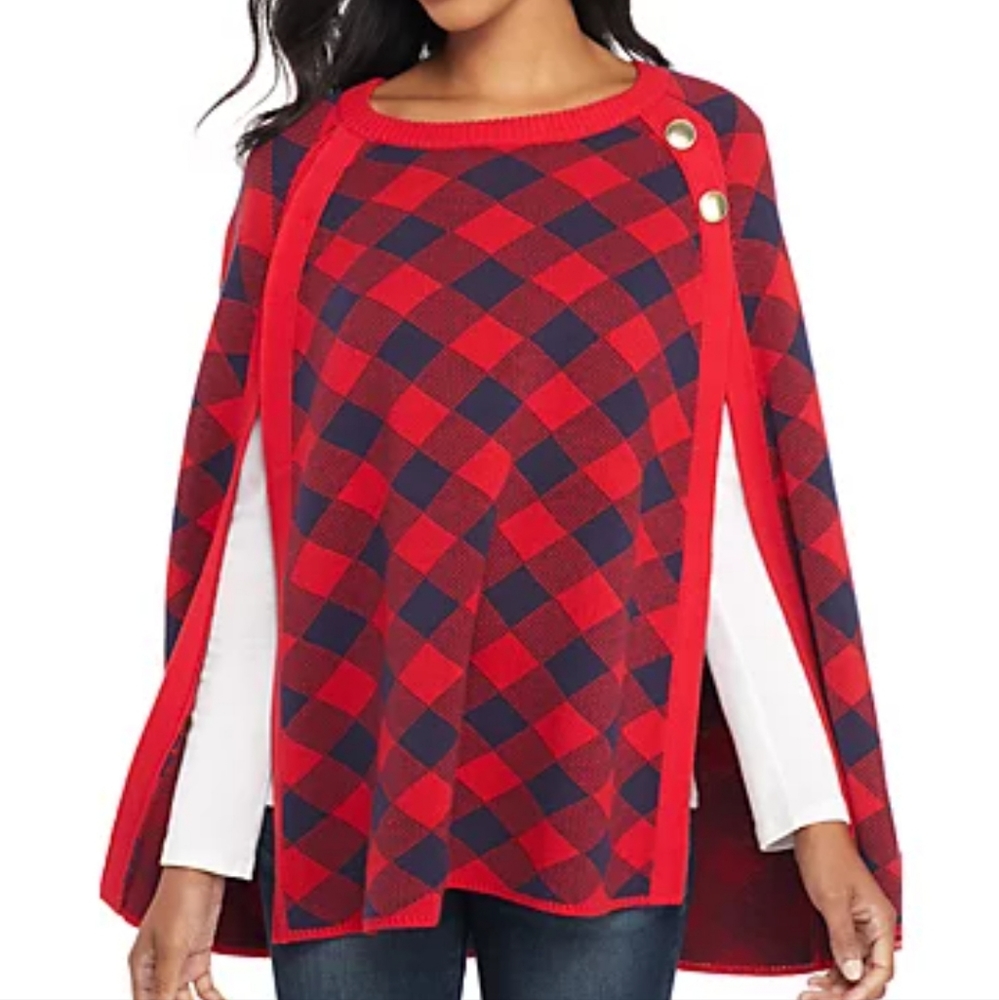 crown & ivy Red and Navy Plaid Cape Poncho with Shoulder Buttons